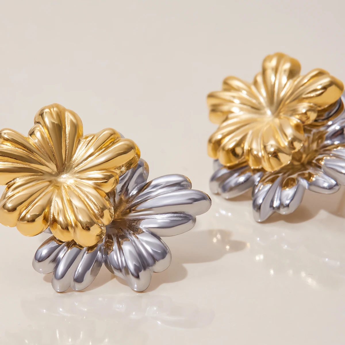 Stainless Steel Two-Tone Flower Earrings 4 Stainless Steel Two-Tone Flower Earrings - Image 4
