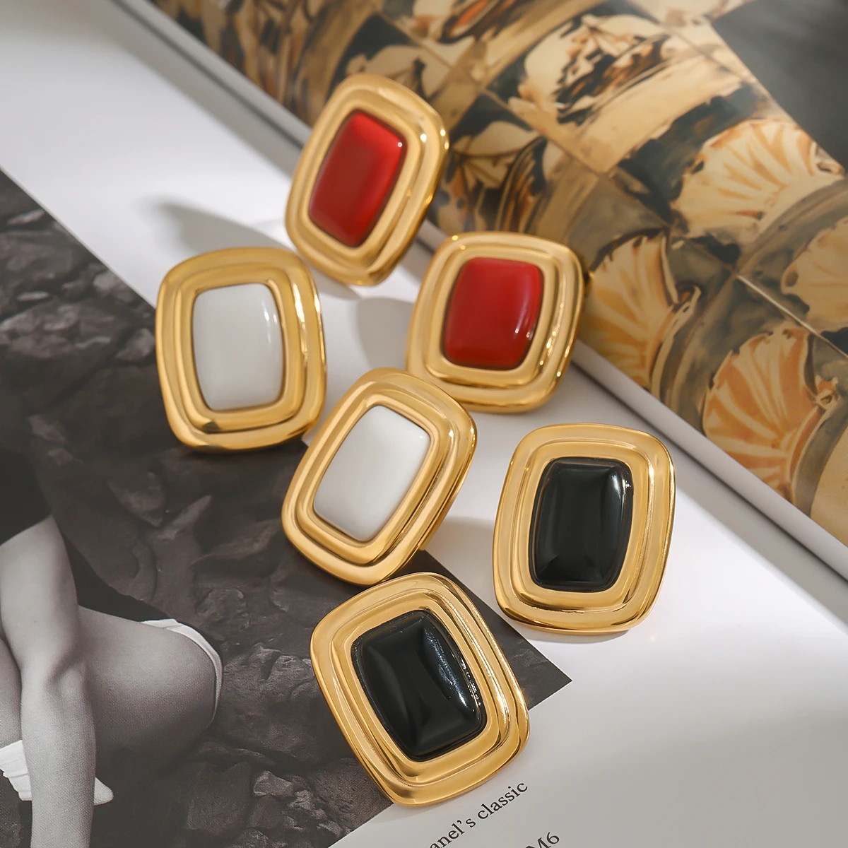 Vintage Stainless Steel Square Earrings in Gold Tones 4 Vintage Stainless Steel Square Earrings in Gold Tones - Image 4