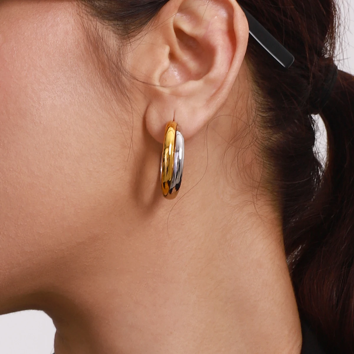 Mixed Metal Stainless Steel Hoop Earrings 2 Mixed Metal Stainless Steel Hoop Earrings - Image 2