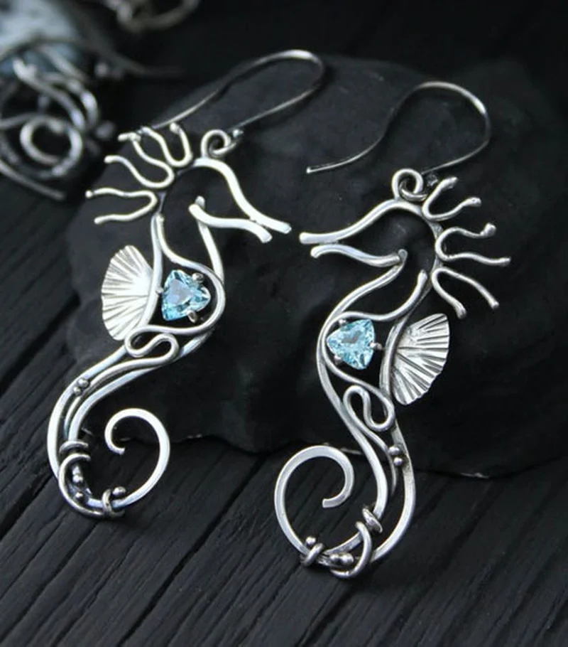 Vintage Seahorse Drop Earrings with Blue Gem 2 Vintage Seahorse Drop Earrings with Blue Gem - Image 2