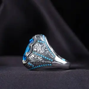 Vintage Men's Ring with Blue Zircon and Beaded Edges 9 Sd83d7ddcacbe4b6b9bcb026d009f313f4
