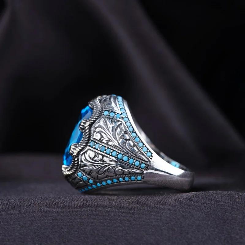 Vintage Men's Ring with Blue Zircon and Beaded Edges 5 Vintage Men's Ring with Blue Zircon and Beaded Edges - Image 5