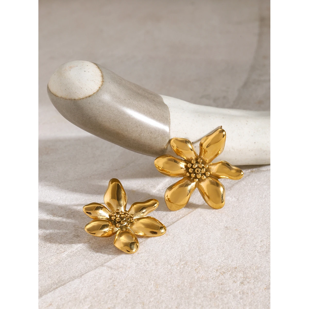 Stainless Steel Gold Flower Earrings 2 Stainless Steel Gold Flower Earrings - Image 2