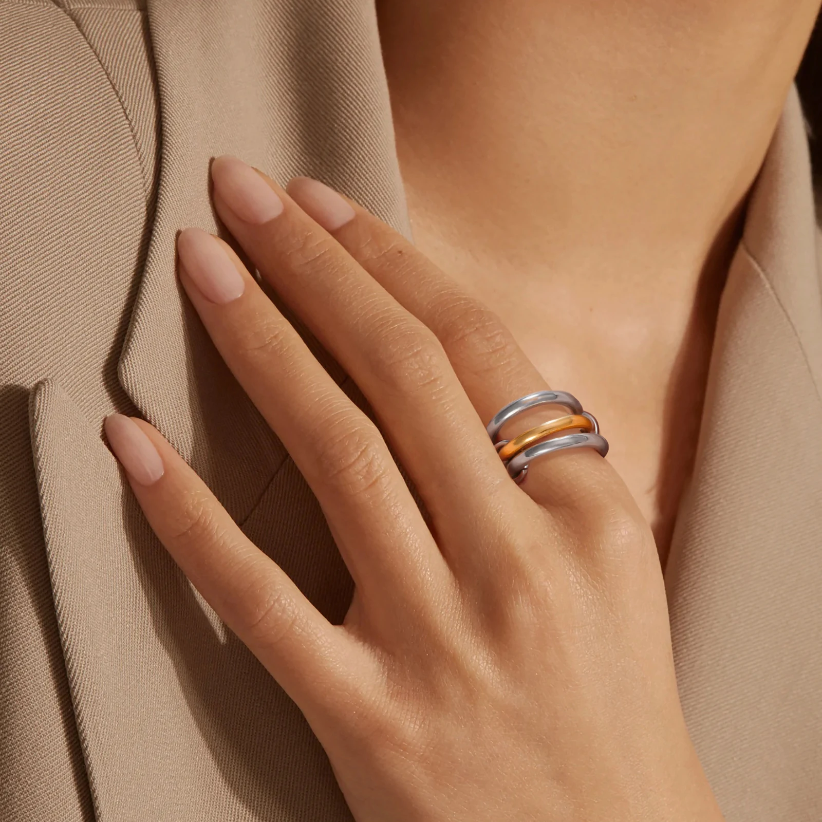 Multi-Layer Stainless Steel Women's Ring with Zircon Accents 2 Multi-Layer Stainless Steel Women's Ring with Zircon Accents - Image 2