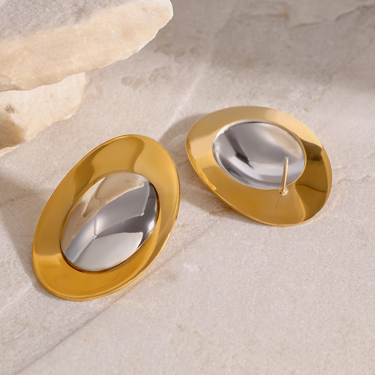Stainless Steel Oval Earrings with Gold Tone 3 Stainless Steel Oval Earrings with Gold Tone - Image 3
