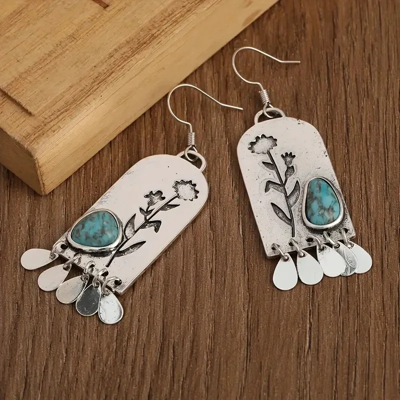 Geometric Drop Earrings with Turquoise Inlay 3 Geometric Drop Earrings with Turquoise Inlay - Image 3