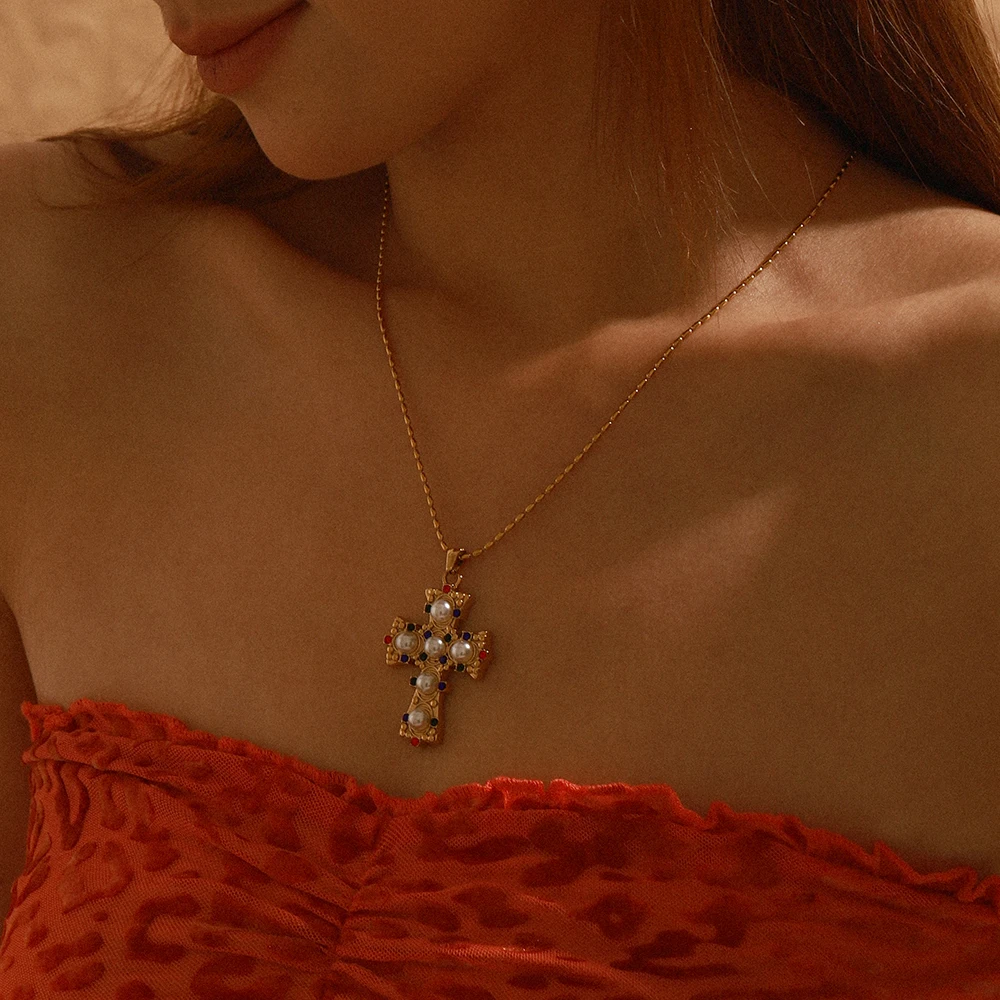 Stainless Steel Gold Cross Necklace for Women 3 Stainless Steel Gold Cross Necklace for Women - Image 3