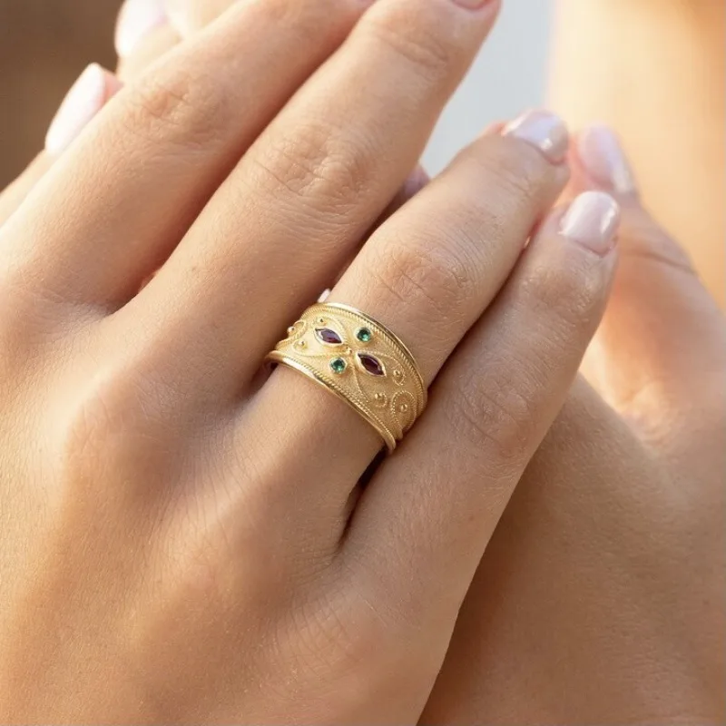 Gold Unisex Ring with Colorful Zircon Stones 3 Gold Unisex Ring with Colorful Zircon Stones - Image 3