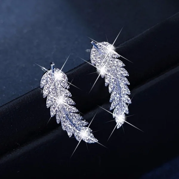 Silver Feather Stud Earrings with Zircon Stones 1 Silver Feather Stud Earrings with Zircon Stones