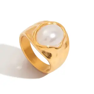 Gold-Toned Stainless Steel Ring with Artificial Opal
