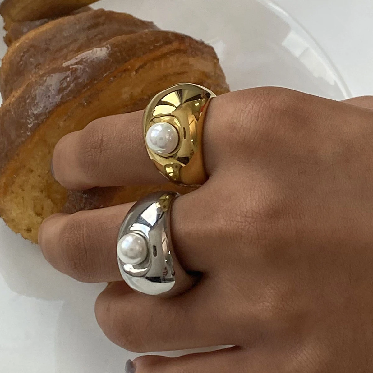 Stainless Steel Pearl Ring Set for Women 2 Stainless Steel Pearl Ring Set for Women - Image 2