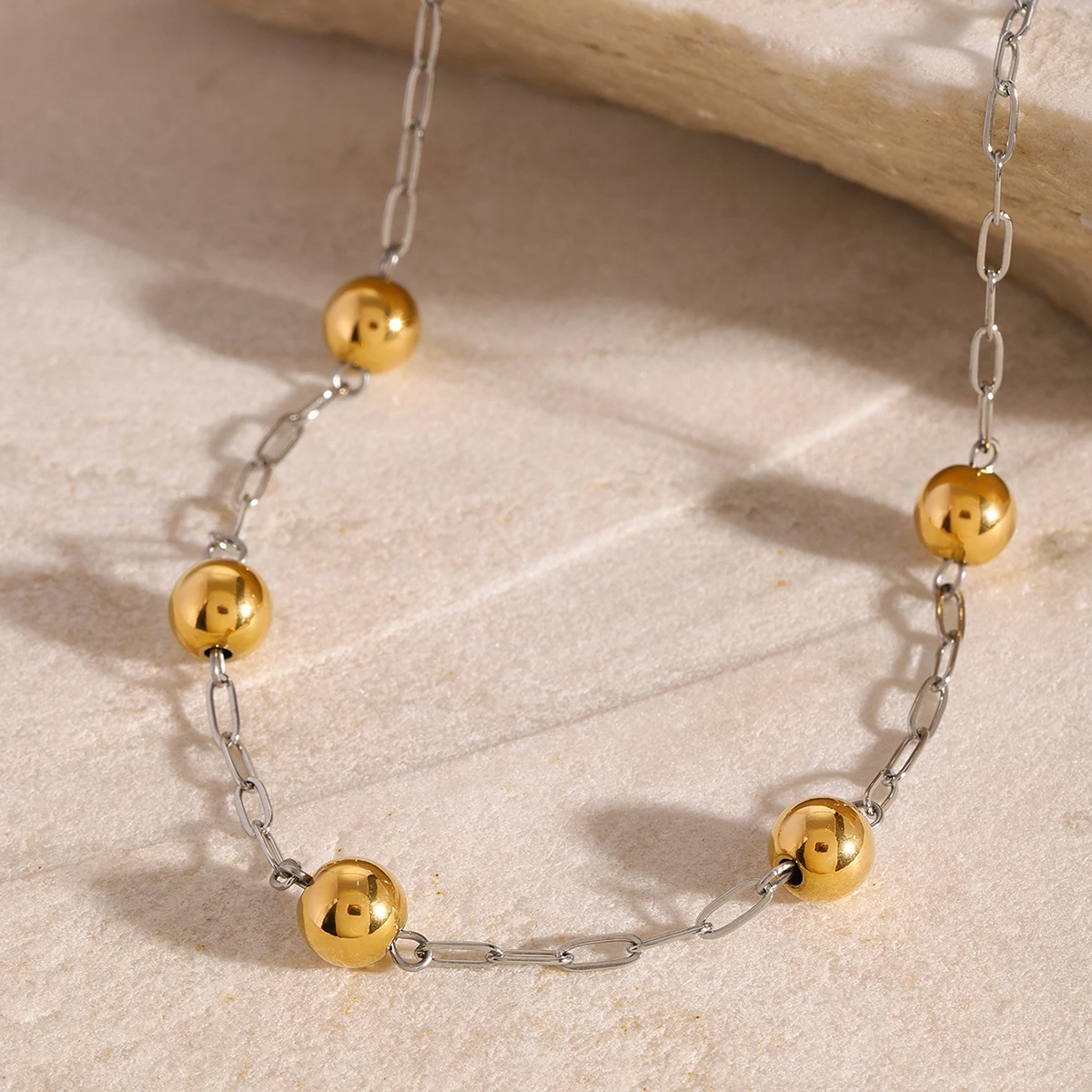 Modern Stainless Steel Necklace with Gold Beads 3 Modern Stainless Steel Necklace with Gold Beads - Image 3