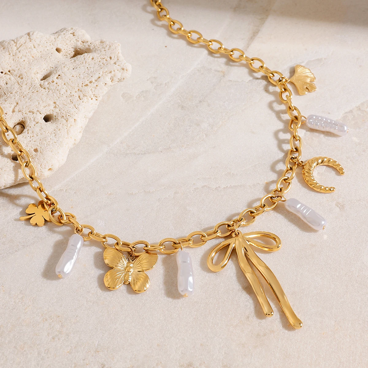 Elegant Gold Stainless Steel Women's Necklace with Charms 5 Elegant Gold Stainless Steel Women's Necklace with Charms - Image 5