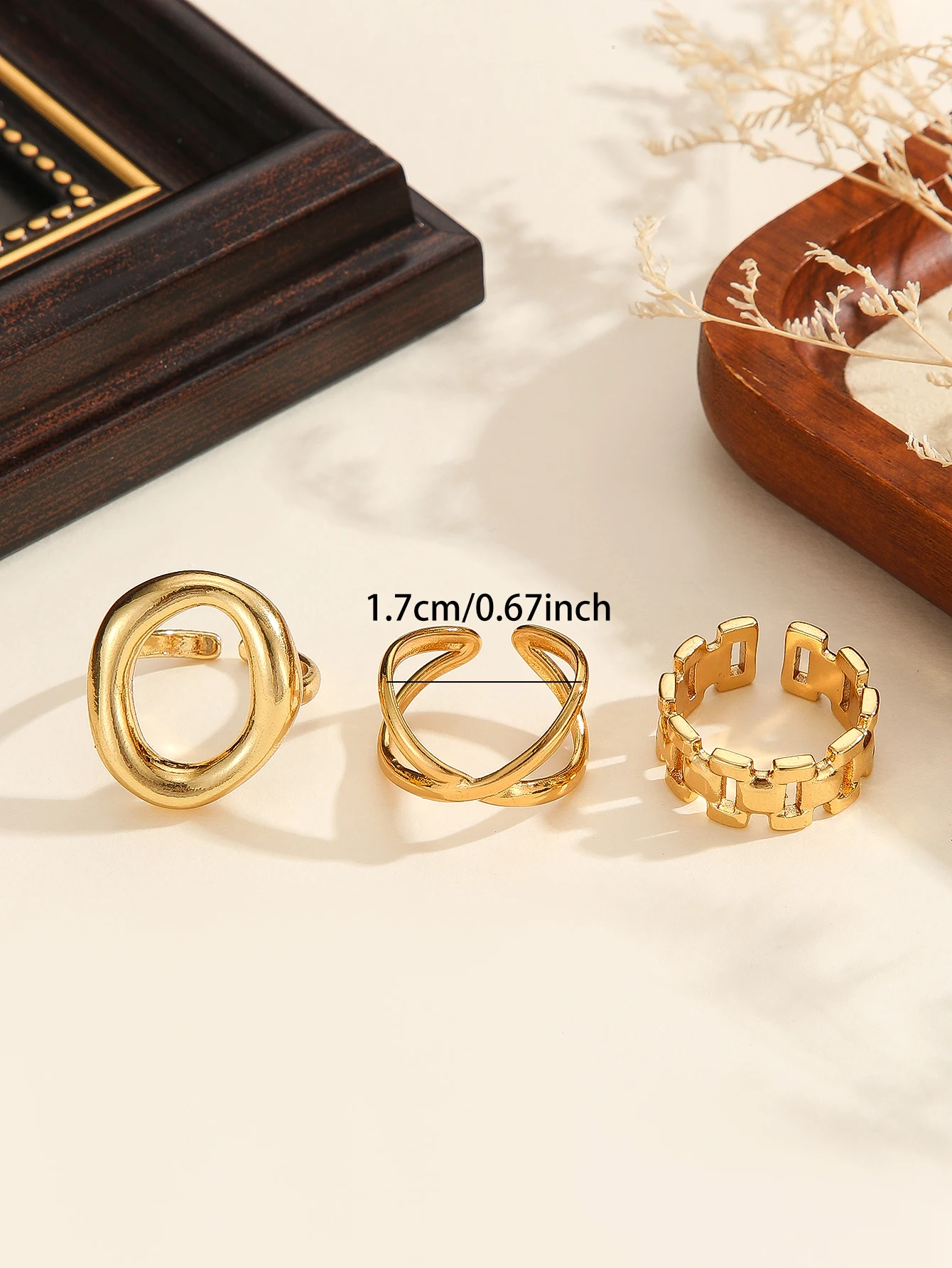 Stylish Set of Three Gold Geometric Rings 6 Stylish Set of Three Gold Geometric Rings - Image 6