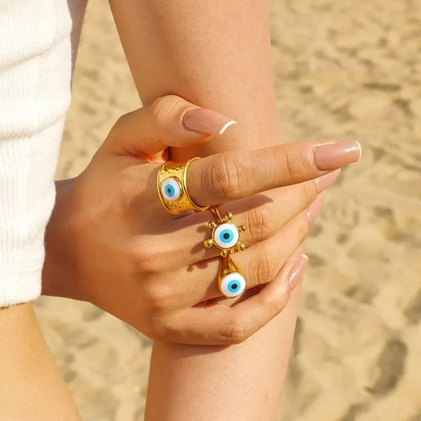 Stainless Steel Evil Eye Ring with Gold PVD 4 Stainless Steel Evil Eye Ring with Gold PVD - Image 4