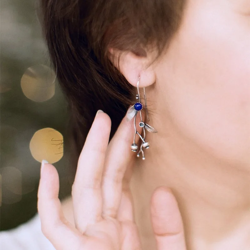 Vintage Blue Stone Leaf Earrings for Women 2 Vintage Blue Stone Leaf Earrings for Women - Image 2