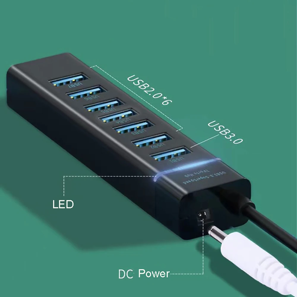 Black 7-Port USB 3.0 Hub with 30cm Cable 2 Black 7-Port USB 3.0 Hub with 30cm Cable - Image 2