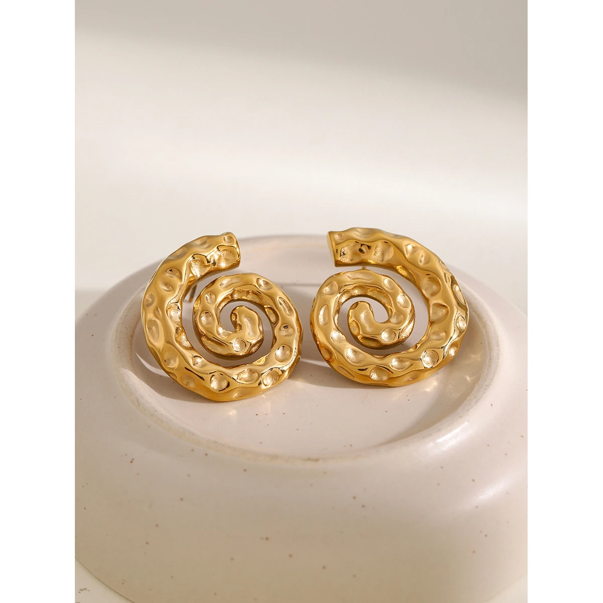 Gold Spiral Hammer Pattern Stainless Steel Earrings 5 Gold Spiral Hammer Pattern Stainless Steel Earrings - Image 5