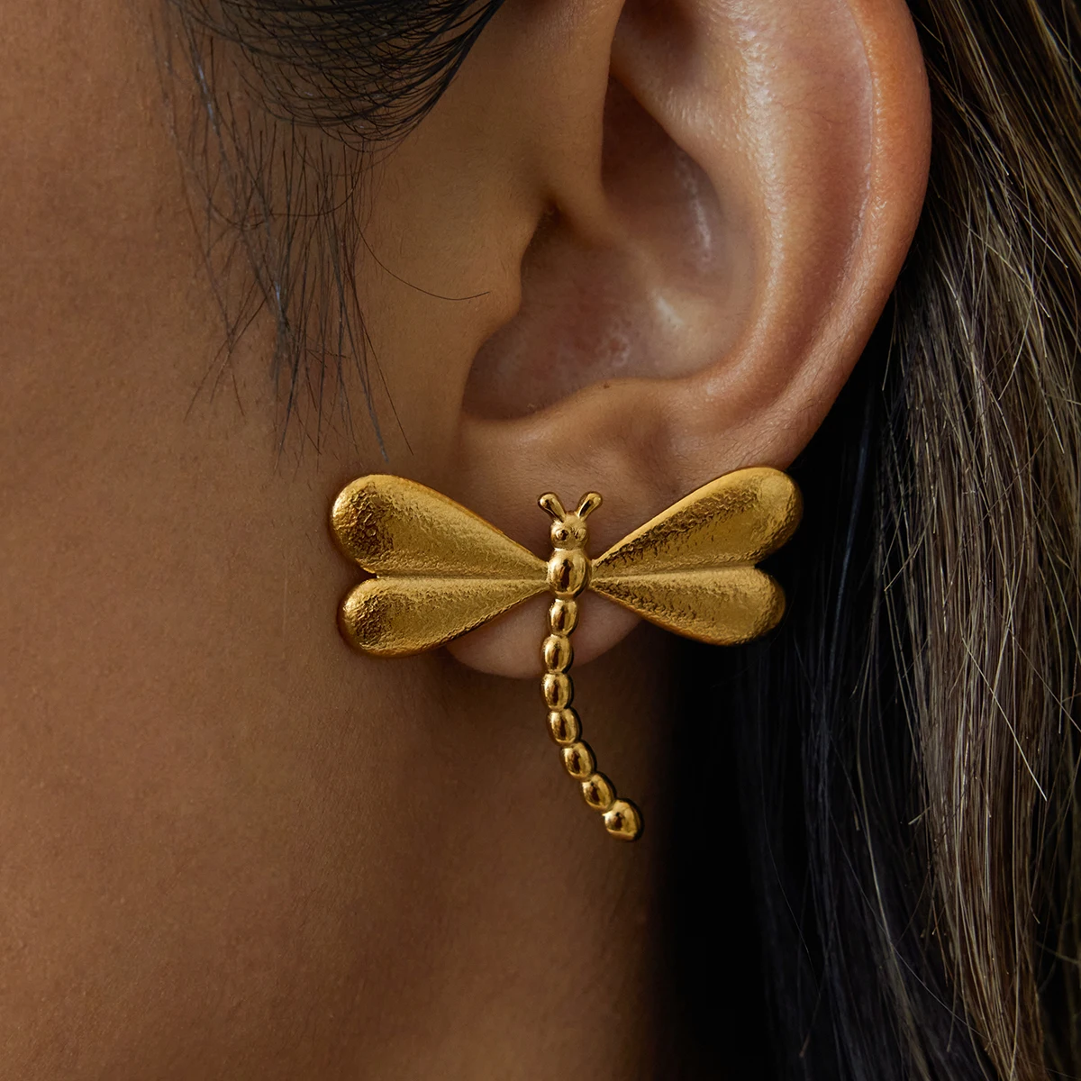 Stainless Steel Gold Dragonfly Earrings 2 Stainless Steel Gold Dragonfly Earrings - Image 2