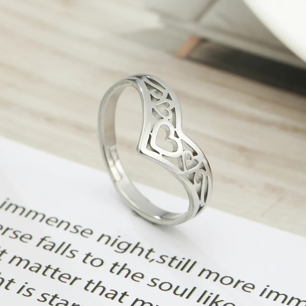 Adjustable Stainless Steel Hollow Heart Ring for Women 2 Adjustable Stainless Steel Hollow Heart Ring for Women - Image 2