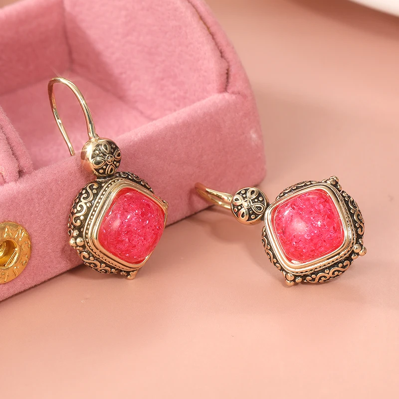 Vintage Gold Square Earrings with Pink and Red Stones 3 Vintage Gold Square Earrings with Pink and Red Stones - Image 3