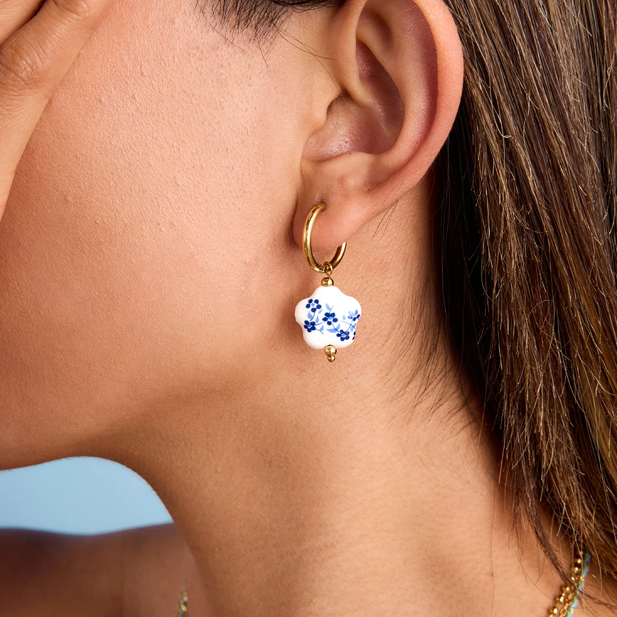 Gold-Tone Stainless Steel Ceramic Hoop Earrings 2 Gold-Tone Stainless Steel Ceramic Hoop Earrings - Image 2