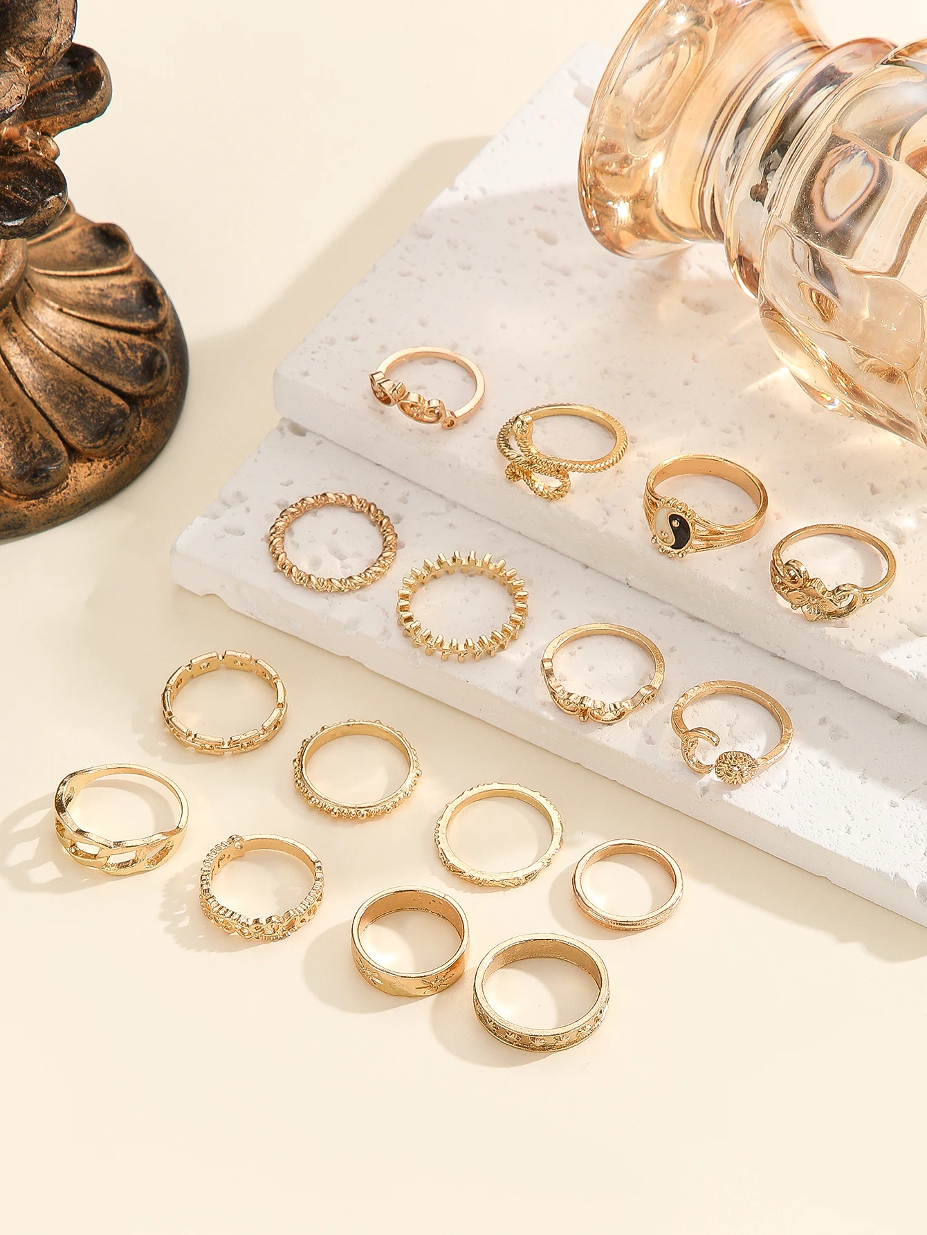 Gold-Color Snake Ring Set with Geometric Designs 4 Gold-Color Snake Ring Set with Geometric Designs - Image 4