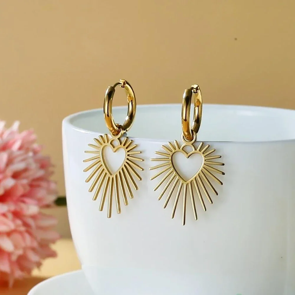 Elegant Stainless Steel Heart Sun Drop Earrings 2 Elegant Stainless Steel Heart Sun Drop Earrings - Image 2