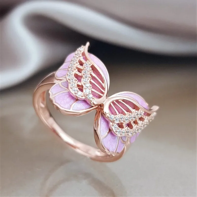 Rose Gold Butterfly Ring with Pink Enamel 3 Rose Gold Butterfly Ring with Pink Enamel - Image 3