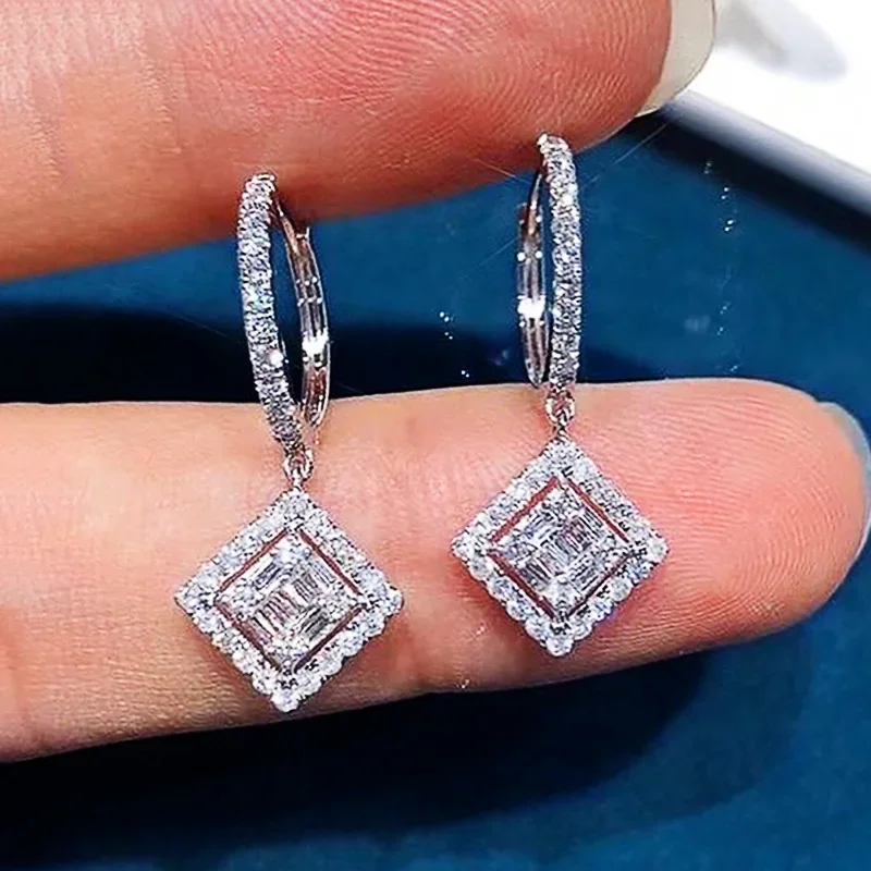 Square Sterling Silver Earrings with Cubic Zirconia 2 Square Sterling Silver Earrings with Cubic Zirconia - Image 2