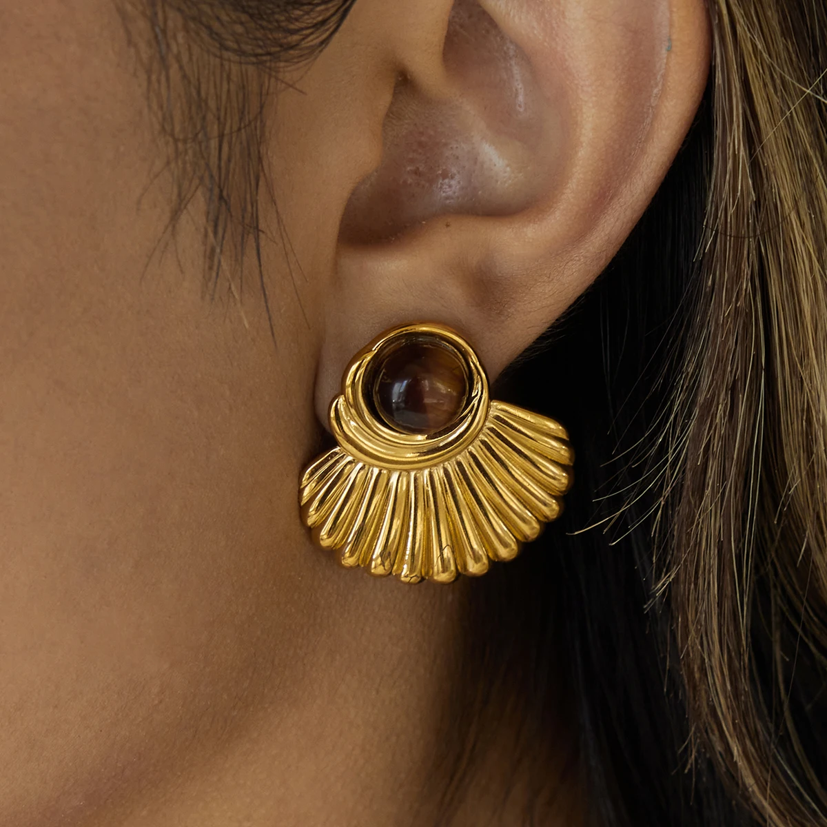 Vintage Stainless Steel Tiger Eye Stud Earrings 2 Vintage Stainless Steel Tiger Eye Stud Earrings - Image 2