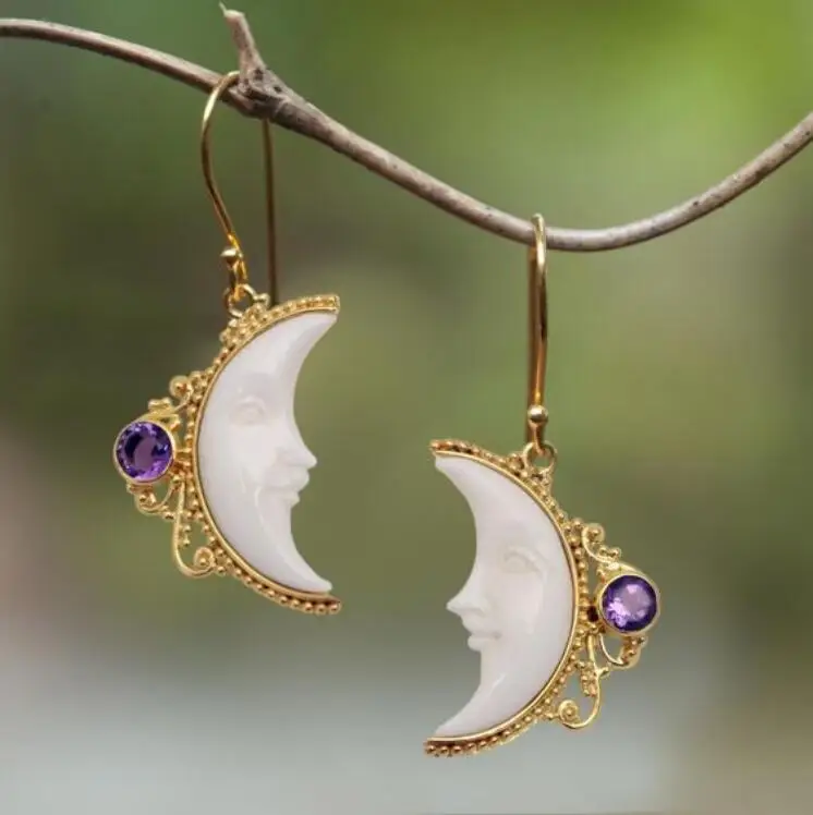 Vintage Moon and Purple Accent Earrings 2 Vintage Moon and Purple Accent Earrings - Image 2