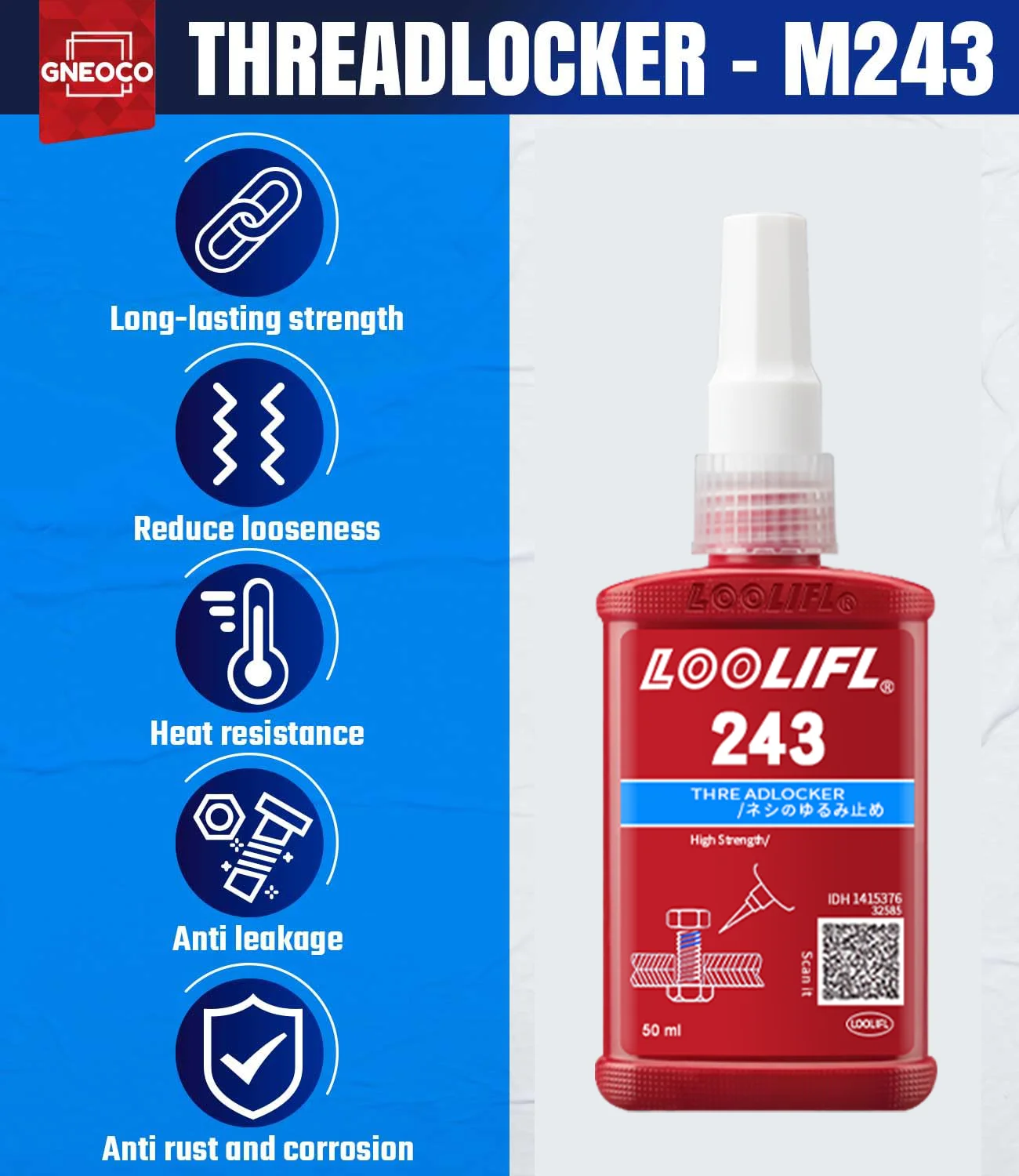 LOOLIFL 243 Medium-Strength Threadlocker 50ml 2 LOOLIFL 243 Medium-Strength Threadlocker 50ml - Image 2