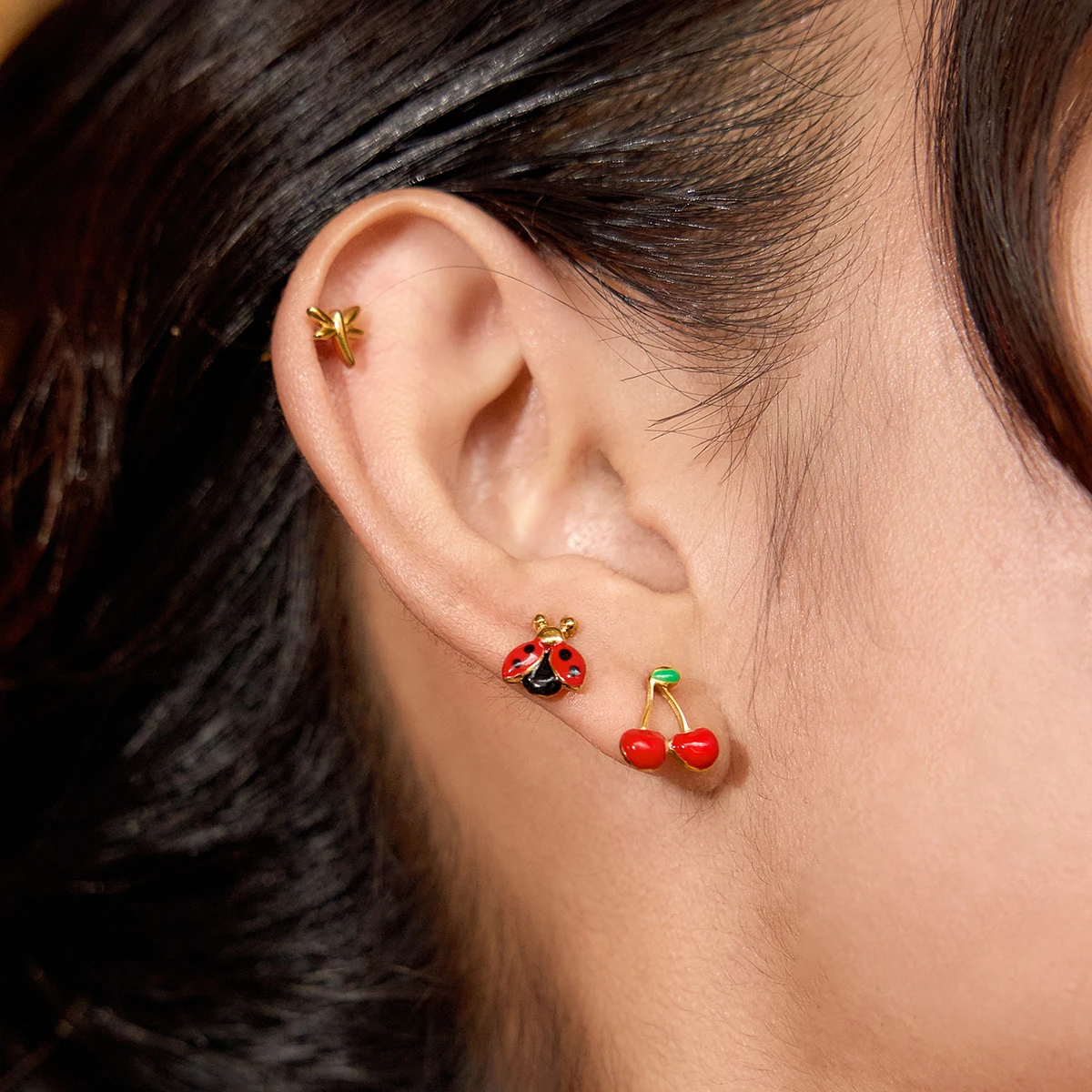 Stainless Steel Ladybird Cherry Stud Earrings 2 Stainless Steel Ladybird Cherry Stud Earrings - Image 2