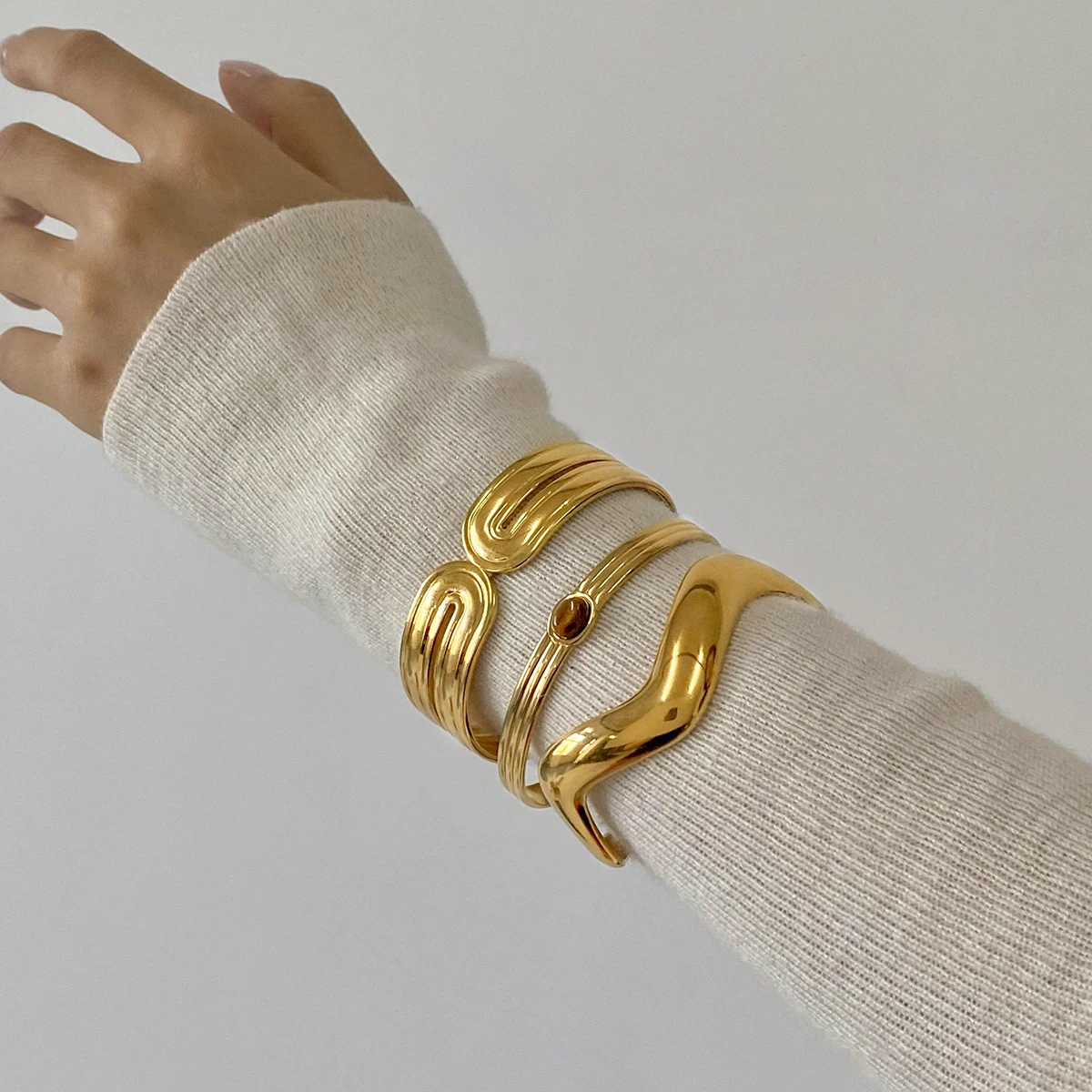 Gold Stainless Steel Geometric Wave Cuff Bracelet 2 Gold Stainless Steel Geometric Wave Cuff Bracelet - Image 2