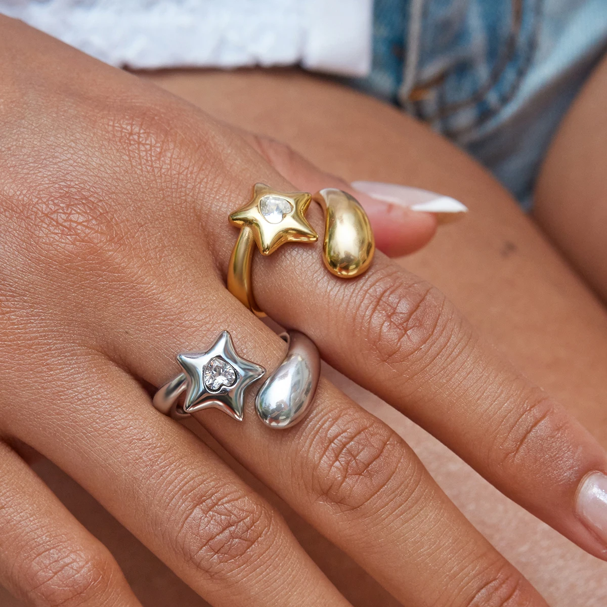 Celestial Stainless Steel Stackable Ring with Rhinestones 3 Celestial Stainless Steel Stackable Ring with Rhinestones - Image 3