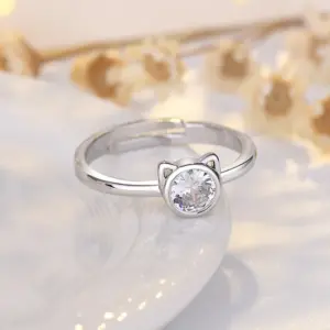 Silver Cat Ring with Cubic Zirconia and Cat Ears