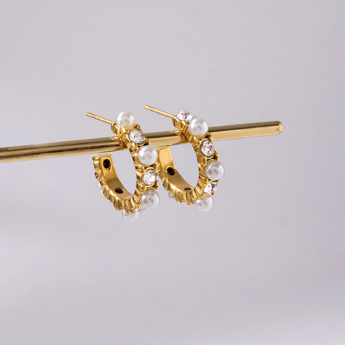 Stainless Steel Gold Finish Pearl Hoop Earrings 4 Stainless Steel Gold Finish Pearl Hoop Earrings - Image 4