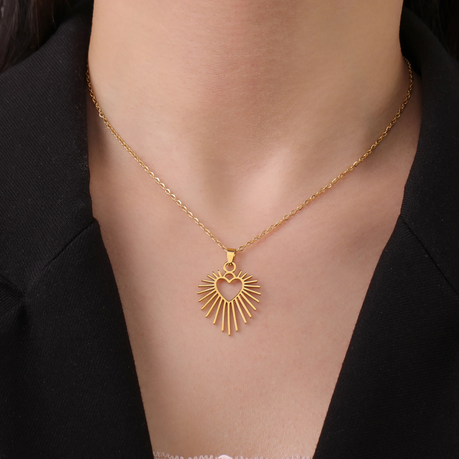 Stainless Steel Sunburst Heart Necklace 2 Stainless Steel Sunburst Heart Necklace - Image 2