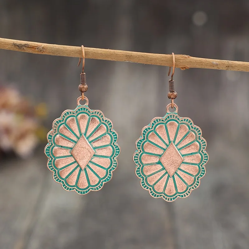 Vintage Red Copper Drop Earrings with Floral Design 3 Vintage Red Copper Drop Earrings with Floral Design - Image 3