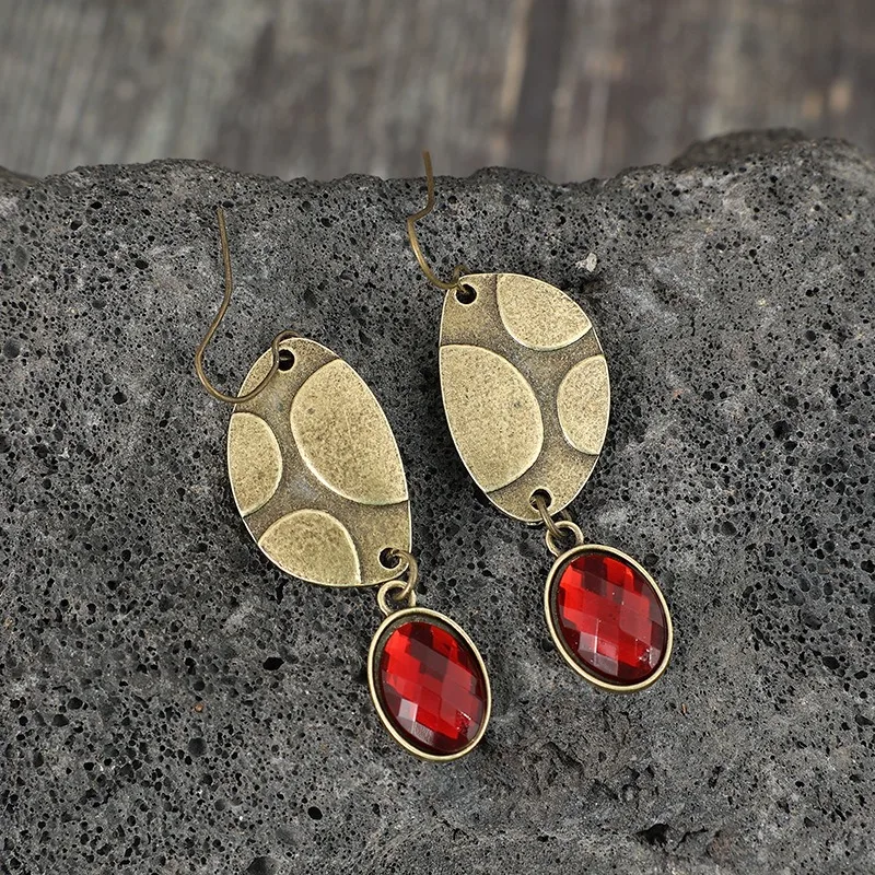 Ethnic Bronze Drop Earrings with Red Stone 4 Ethnic Bronze Drop Earrings with Red Stone - Image 4
