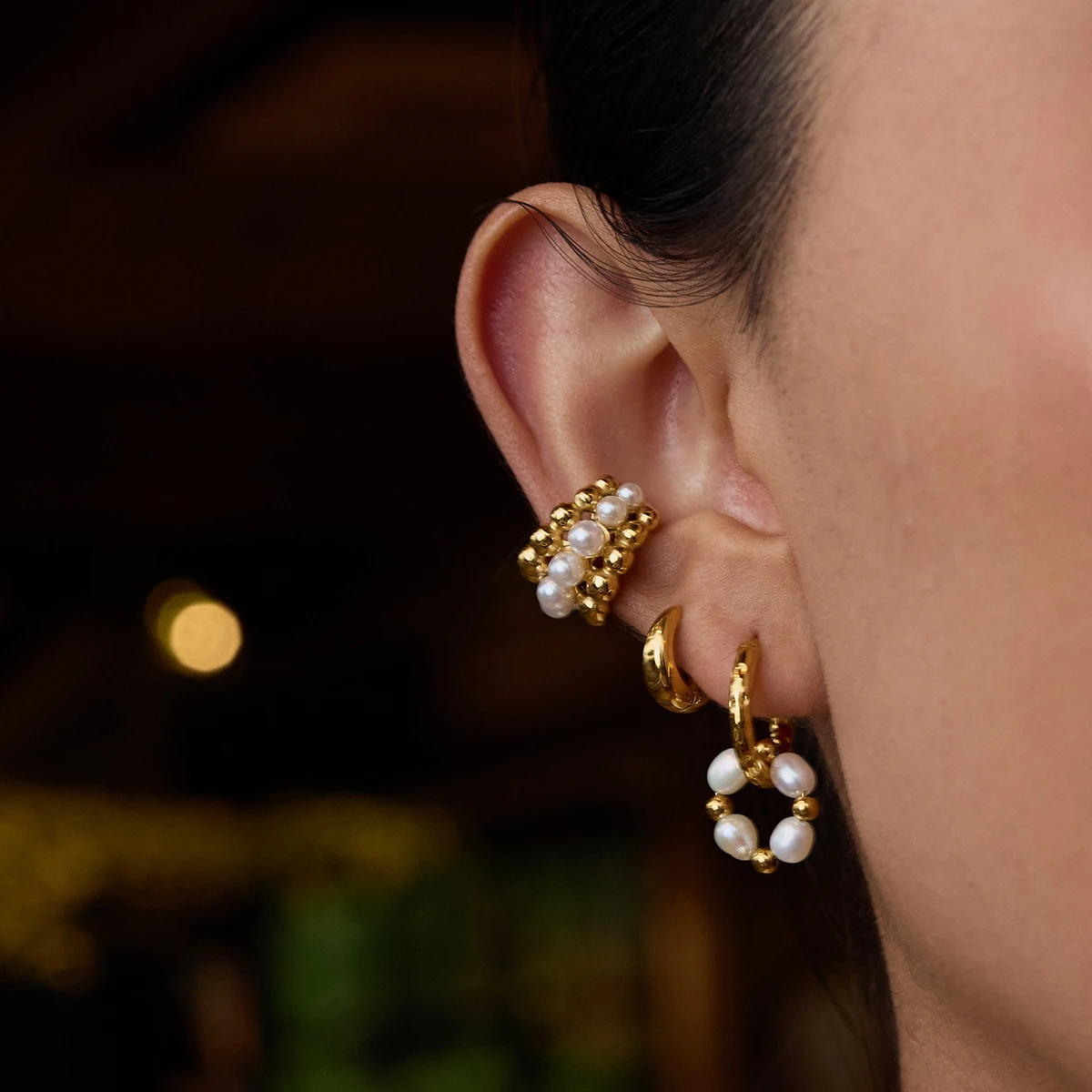 Gold-Tone Stainless Steel Pearl Hoop Earrings 5 Gold-Tone Stainless Steel Pearl Hoop Earrings - Image 5