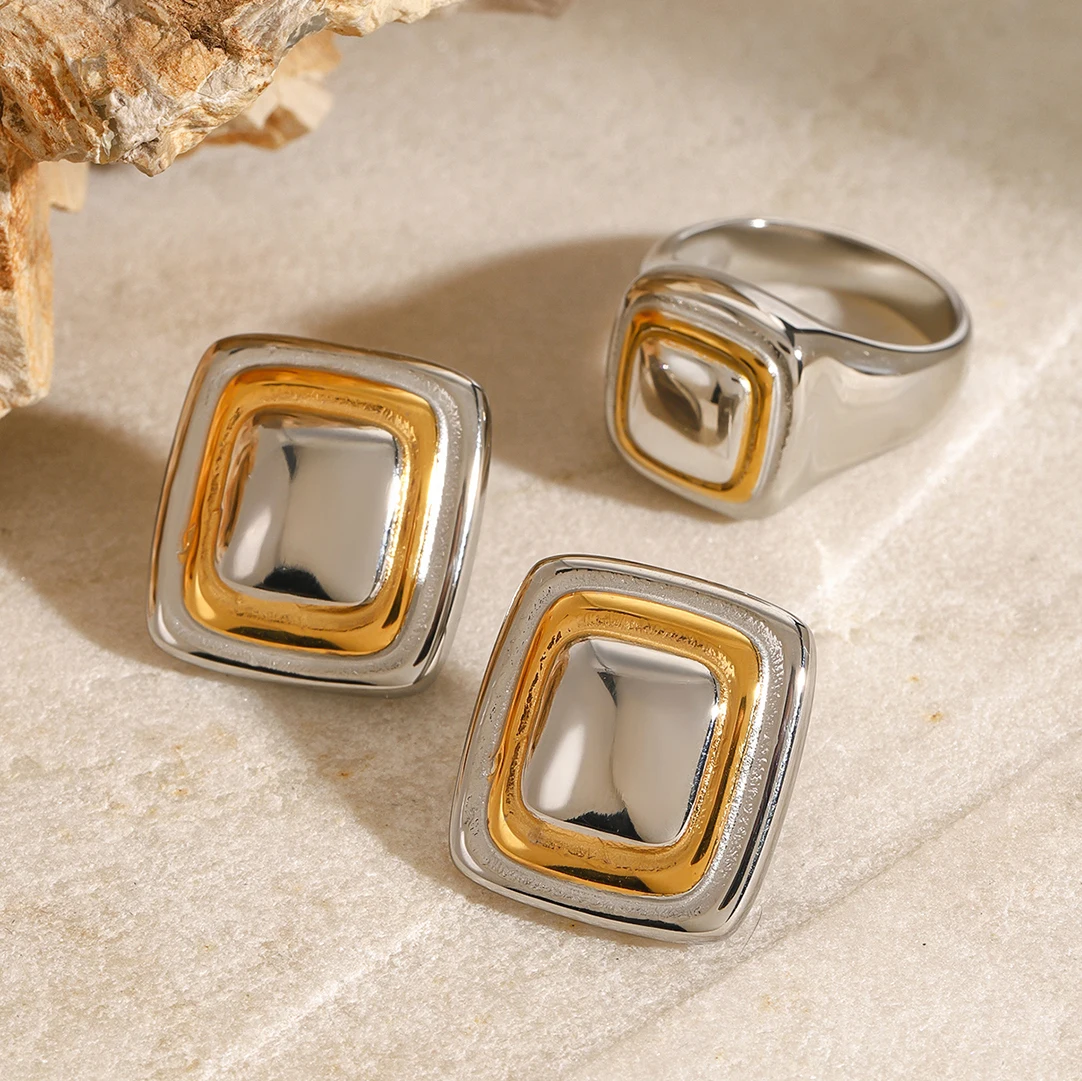 Two-Tone Stainless Steel Square Stud Earrings 5 Two-Tone Stainless Steel Square Stud Earrings - Image 5