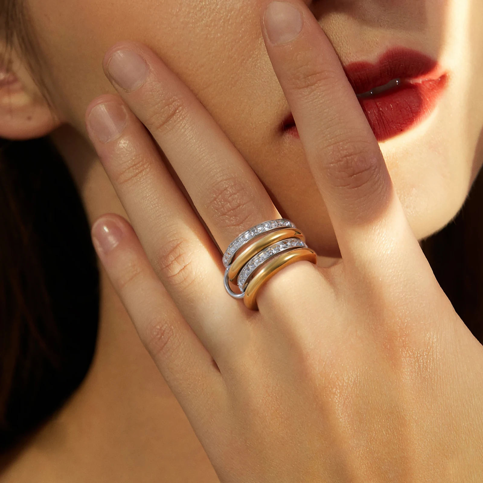 Multi-Layer Stainless Steel Women's Ring with Zircon Accents 3 Multi-Layer Stainless Steel Women's Ring with Zircon Accents - Image 3