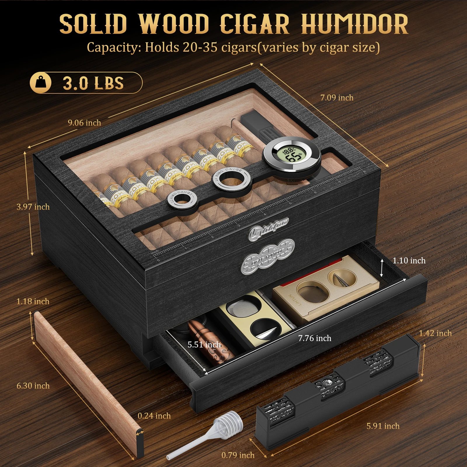 Elegant Dark Wood Cigar Humidor with Digital Hygrometer 4 Elegant Dark Wood Cigar Humidor with Digital Hygrometer - Image 4
