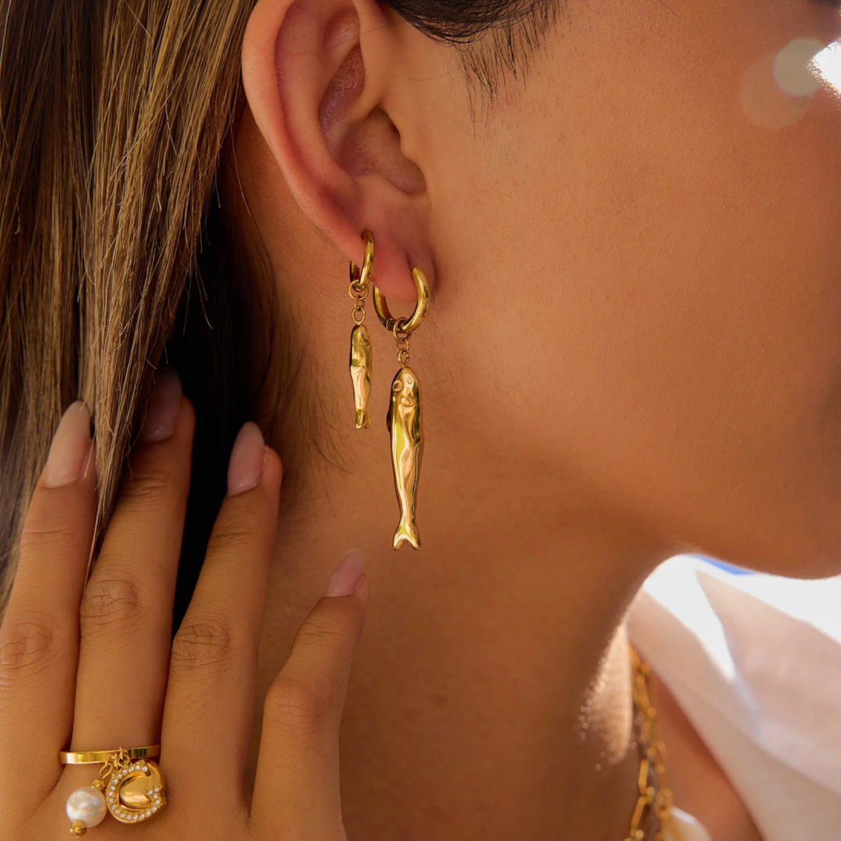 Stainless Steel Gold Fish Earrings Set 2 Stainless Steel Gold Fish Earrings Set - Image 2