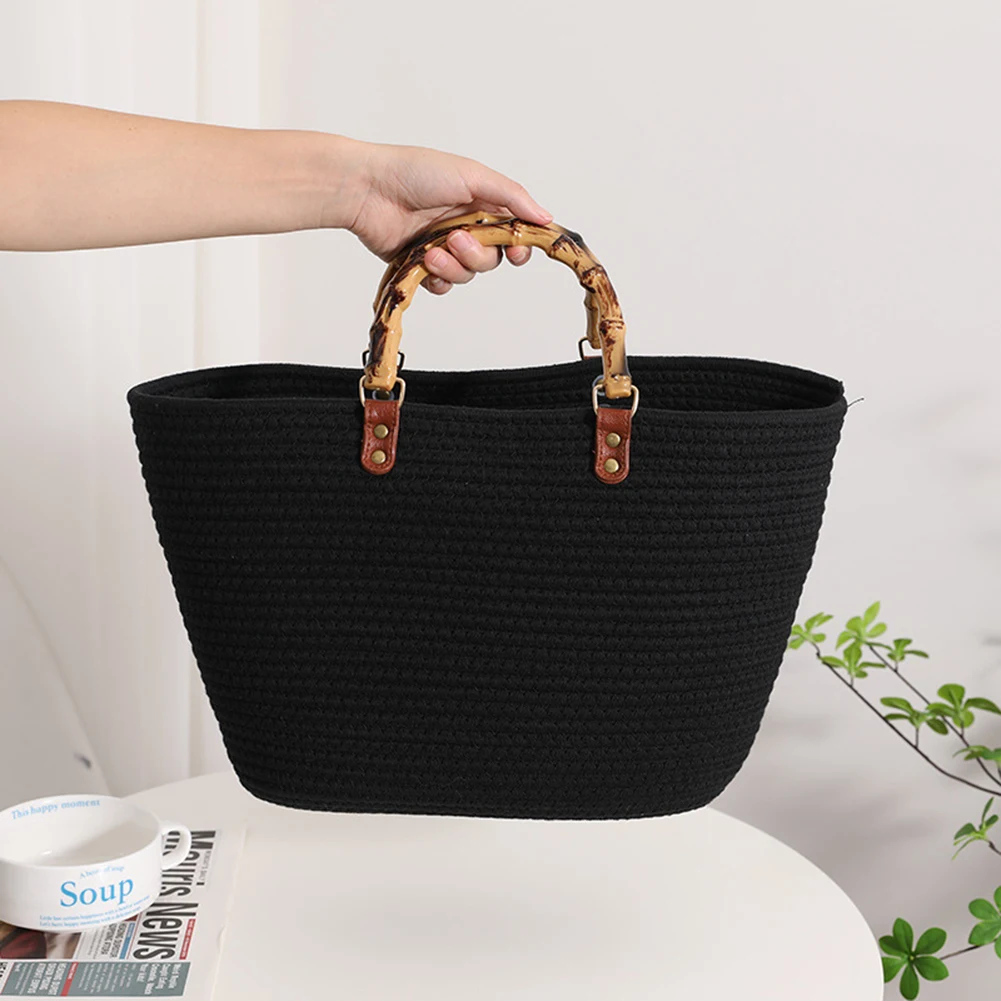 Cotton Woven Summer Handbag with Bamboo Handle 10 Cotton Woven Summer Handbag with Bamboo Handle - Image 10