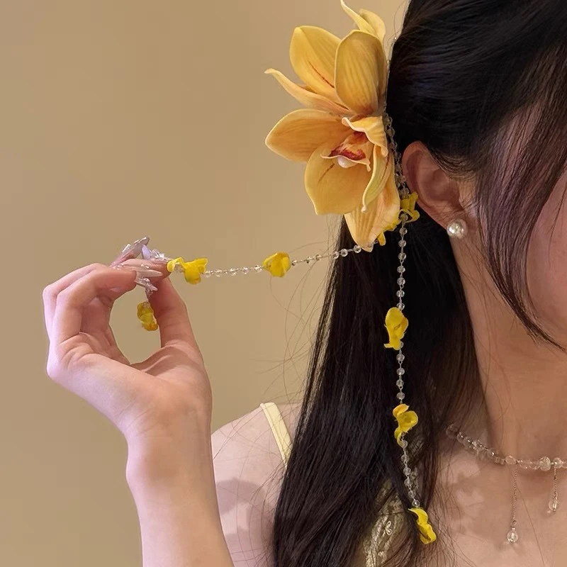 Red Flower Hairpin with Cascading Beads 5 Red Flower Hairpin with Cascading Beads - Image 5