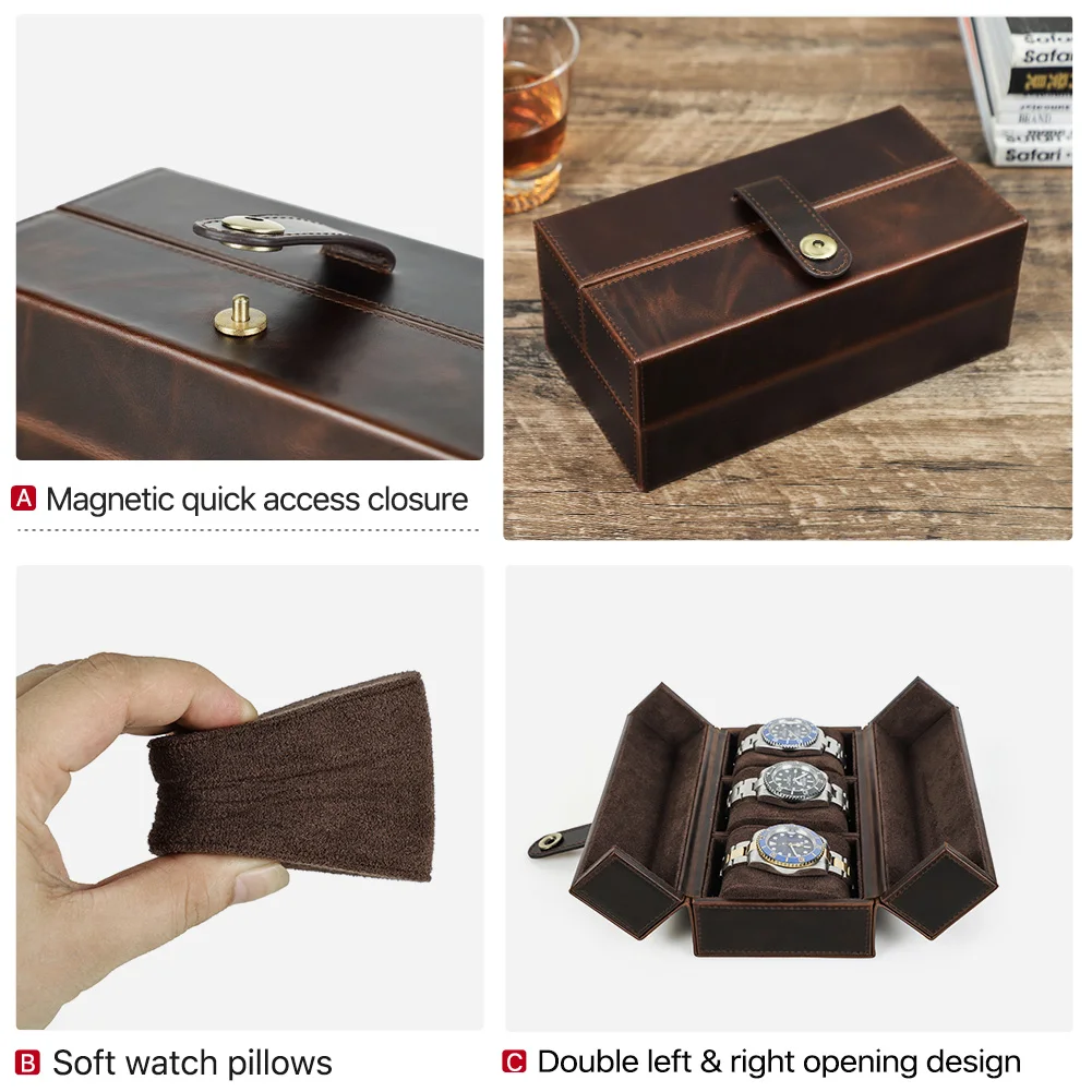 Coffee Leather Watch Case with 3 Slots 5 Coffee Leather Watch Case with 3 Slots - Image 5