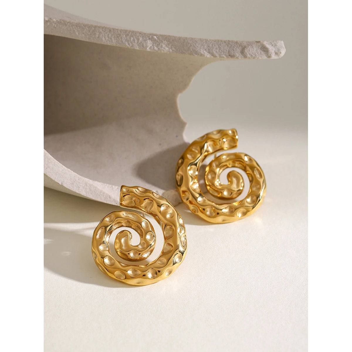 Gold Spiral Hammer Pattern Stainless Steel Earrings 4 Gold Spiral Hammer Pattern Stainless Steel Earrings - Image 4